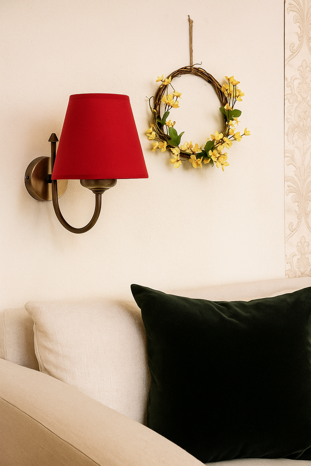 Fabric Headboard, Antique Metal Body Wall Sconce Red