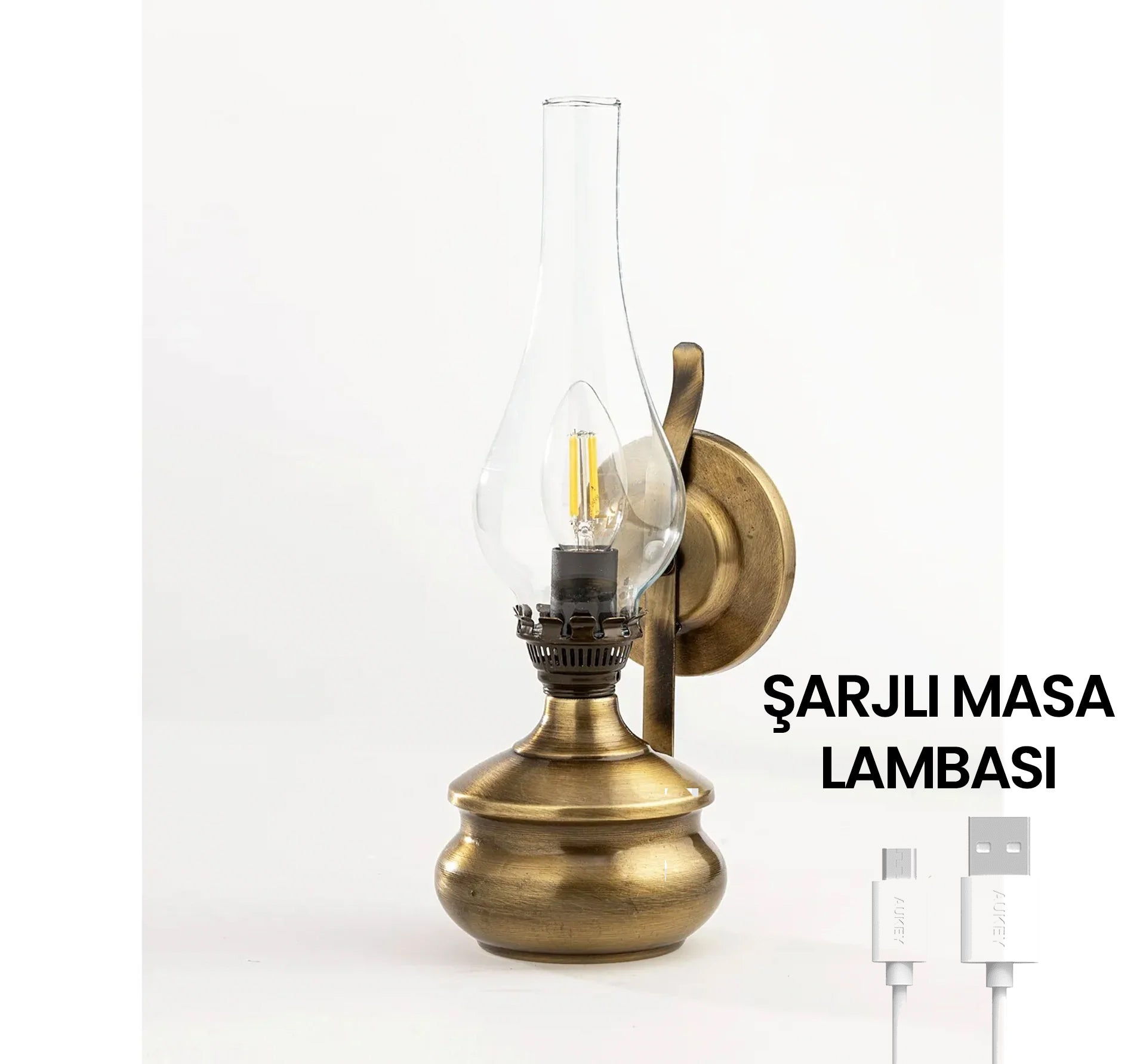 Şarjlı Bronz Eskitme Gaz Lambası Masa Aydınlatması ve Aplik Aydınlatma
