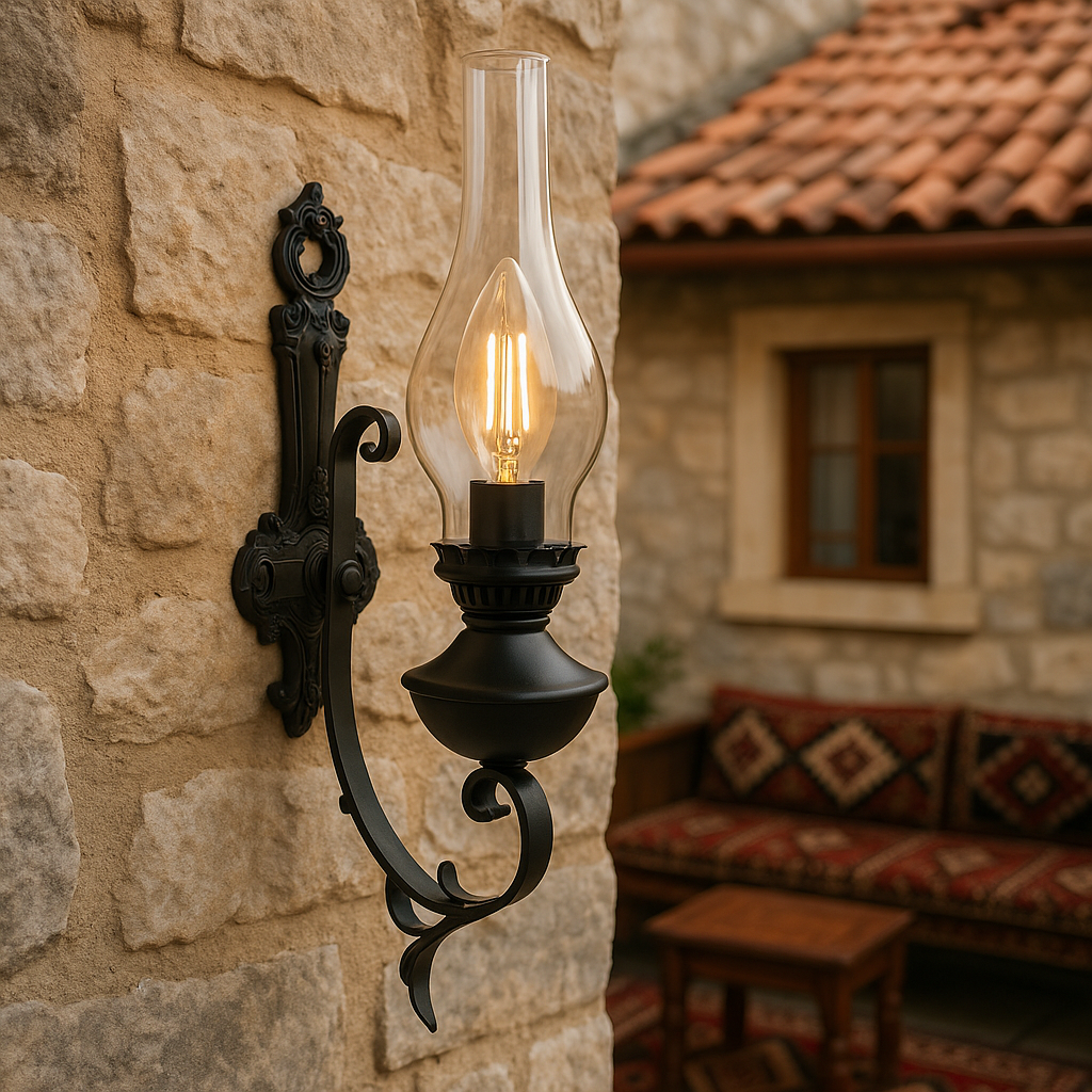 Ferforje Siyah Gaz Lambası Tekli Aplik – Nostaljik İç Mekan Duvar Aydınlatması tel lighting Satın Al